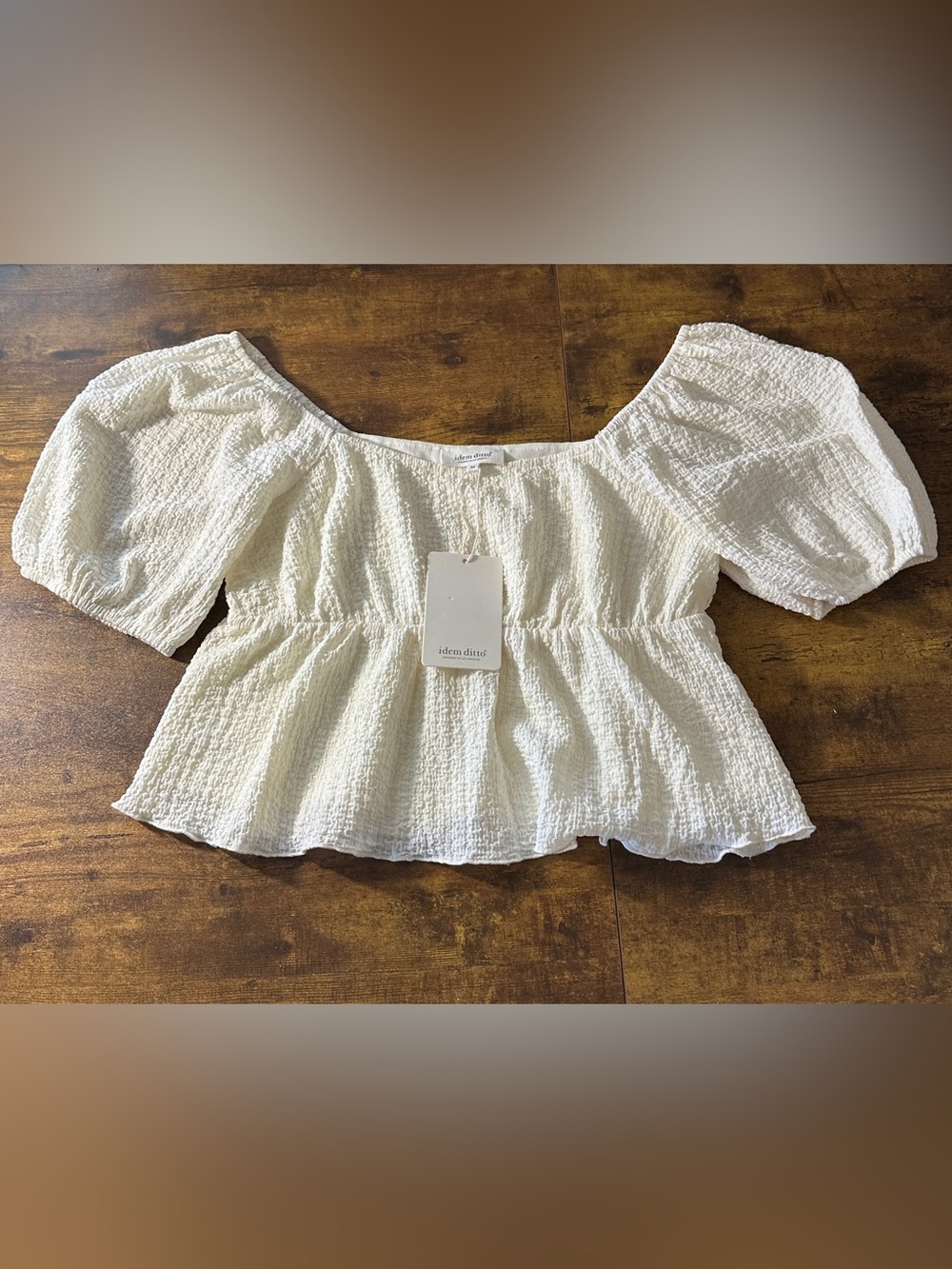 NWT Idem Ditto White Textured Puff Sleeve Square Neck Blouse